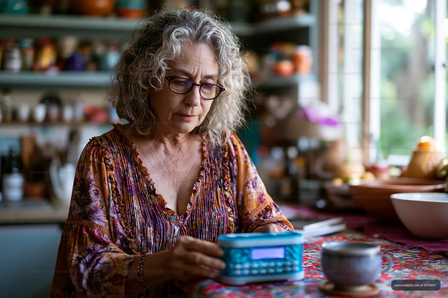 Woman using a calculator at home in a cozy kitchen setting