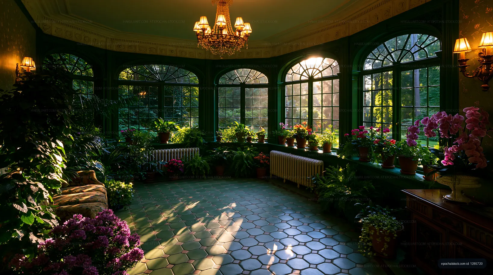 Sunlight streams through windows in a plant-filled sunroom