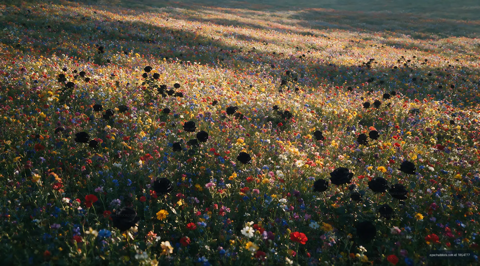 Colorful wildflower field with black flowers during daylight