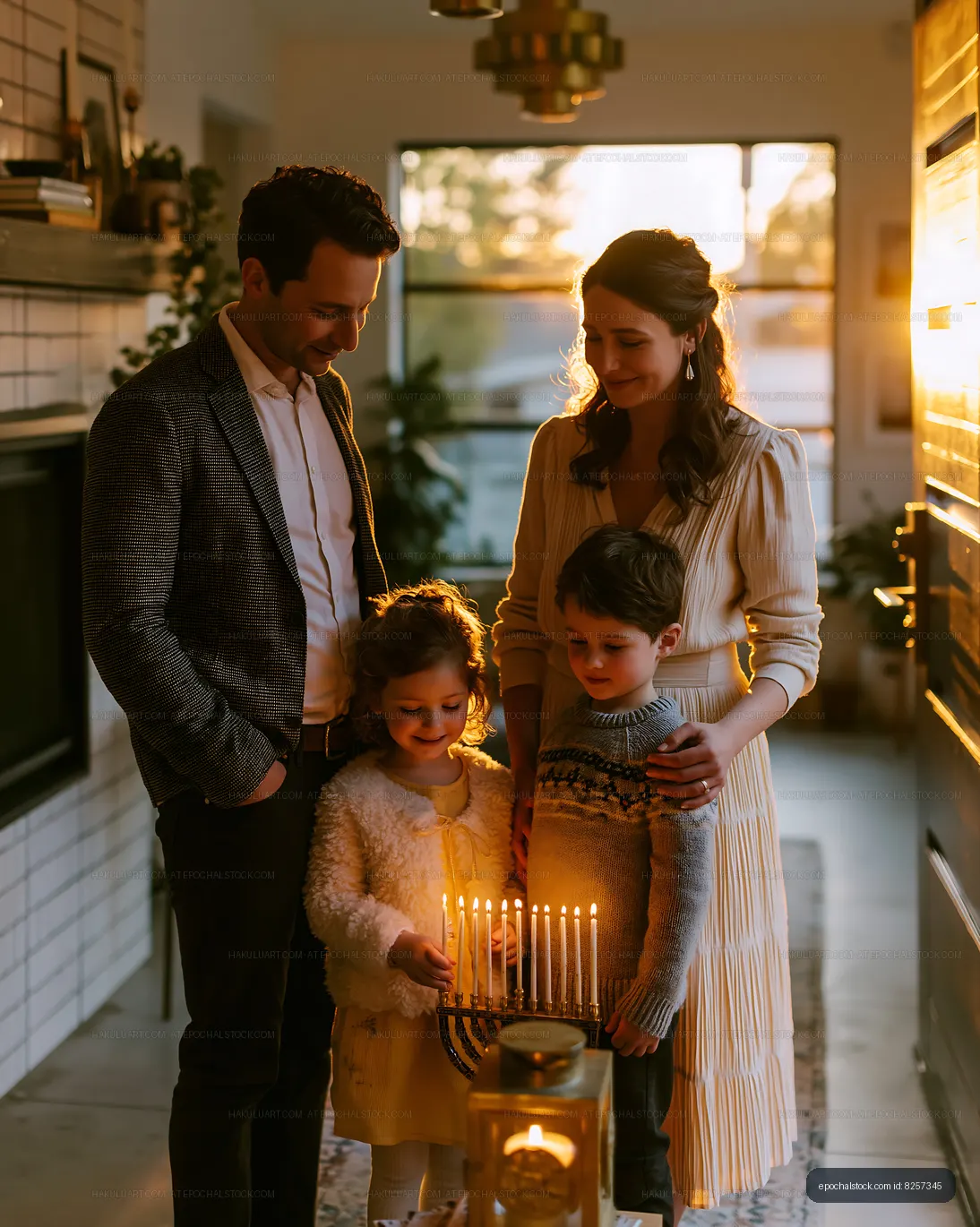Family celebrating a festival by lighting candles at home