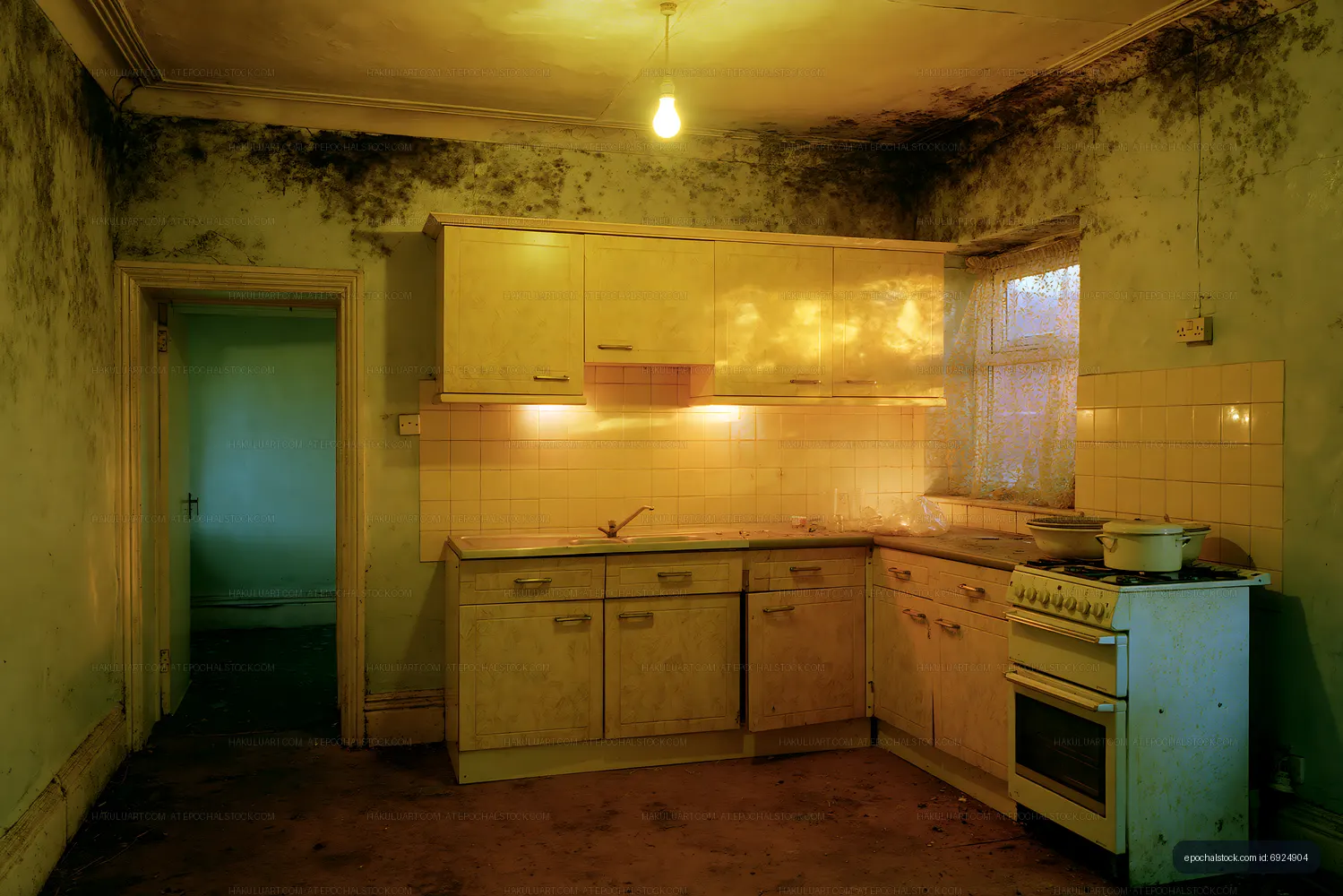 Abandoned kitchen with peeling walls and dim lighting