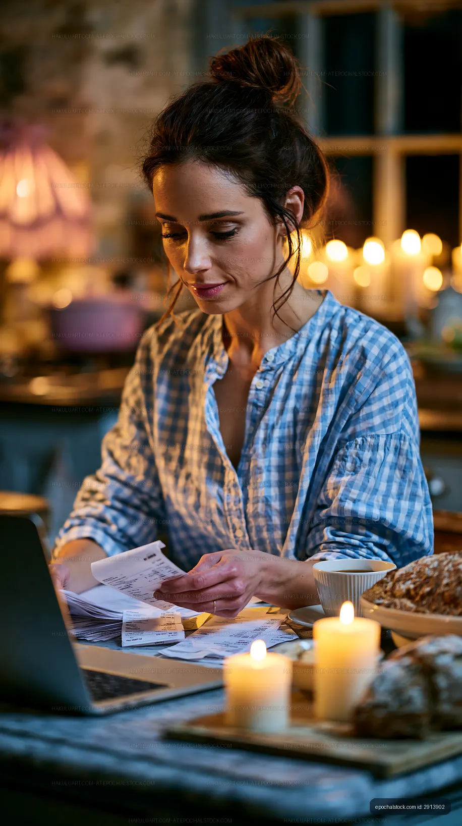 Woman paying bills at a kitchen table in evening light