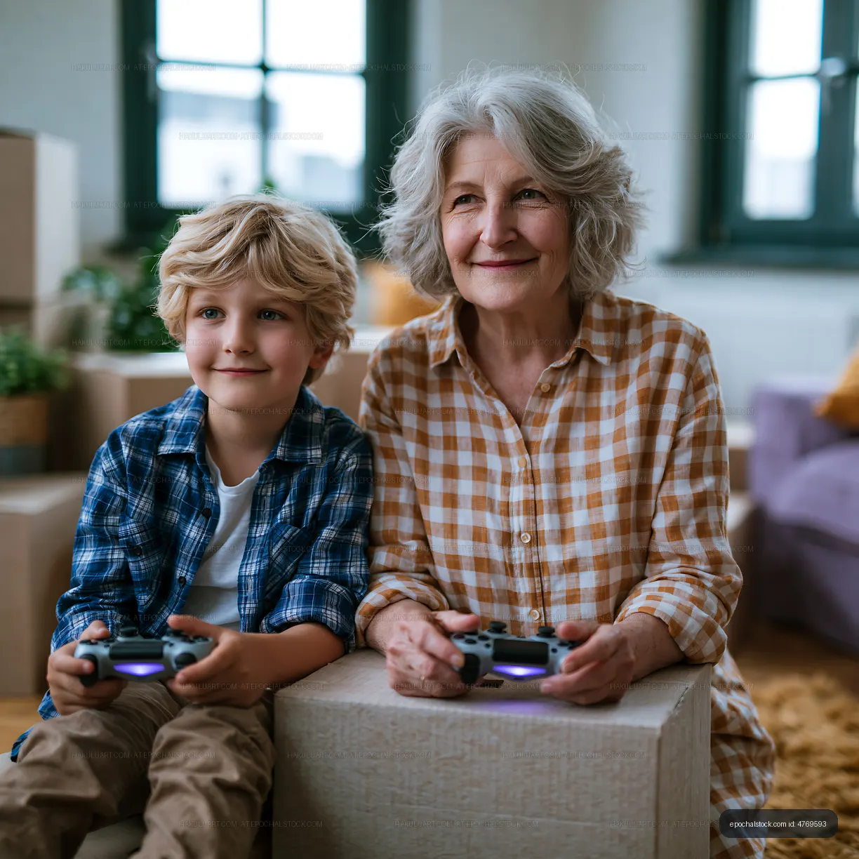 Grandmother and grandson playing video games together