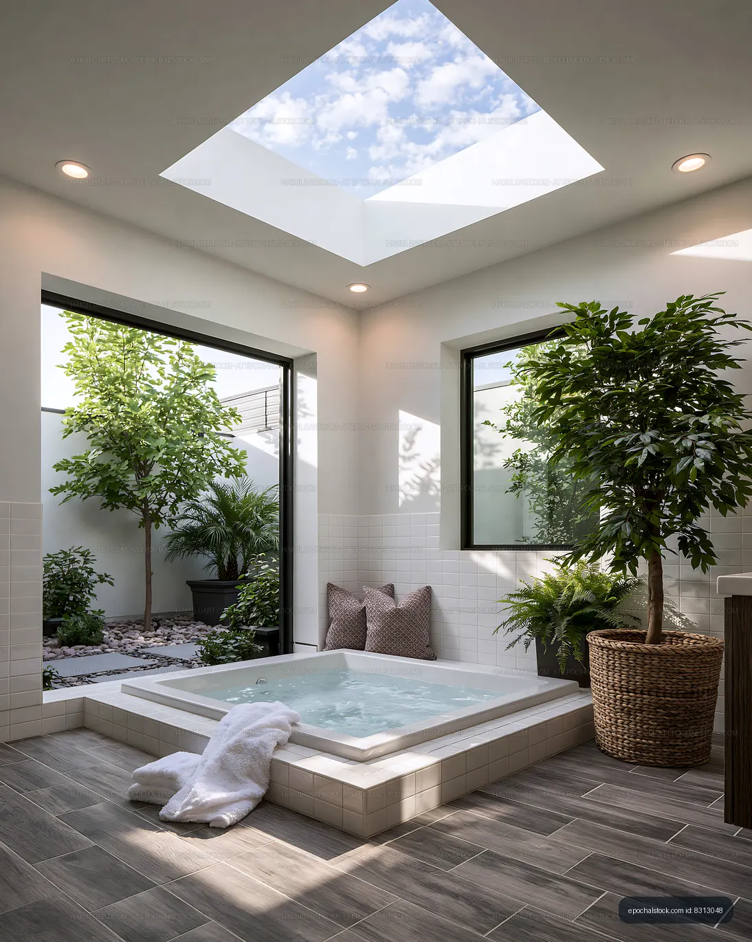Modern indoor spa with plants and skylight