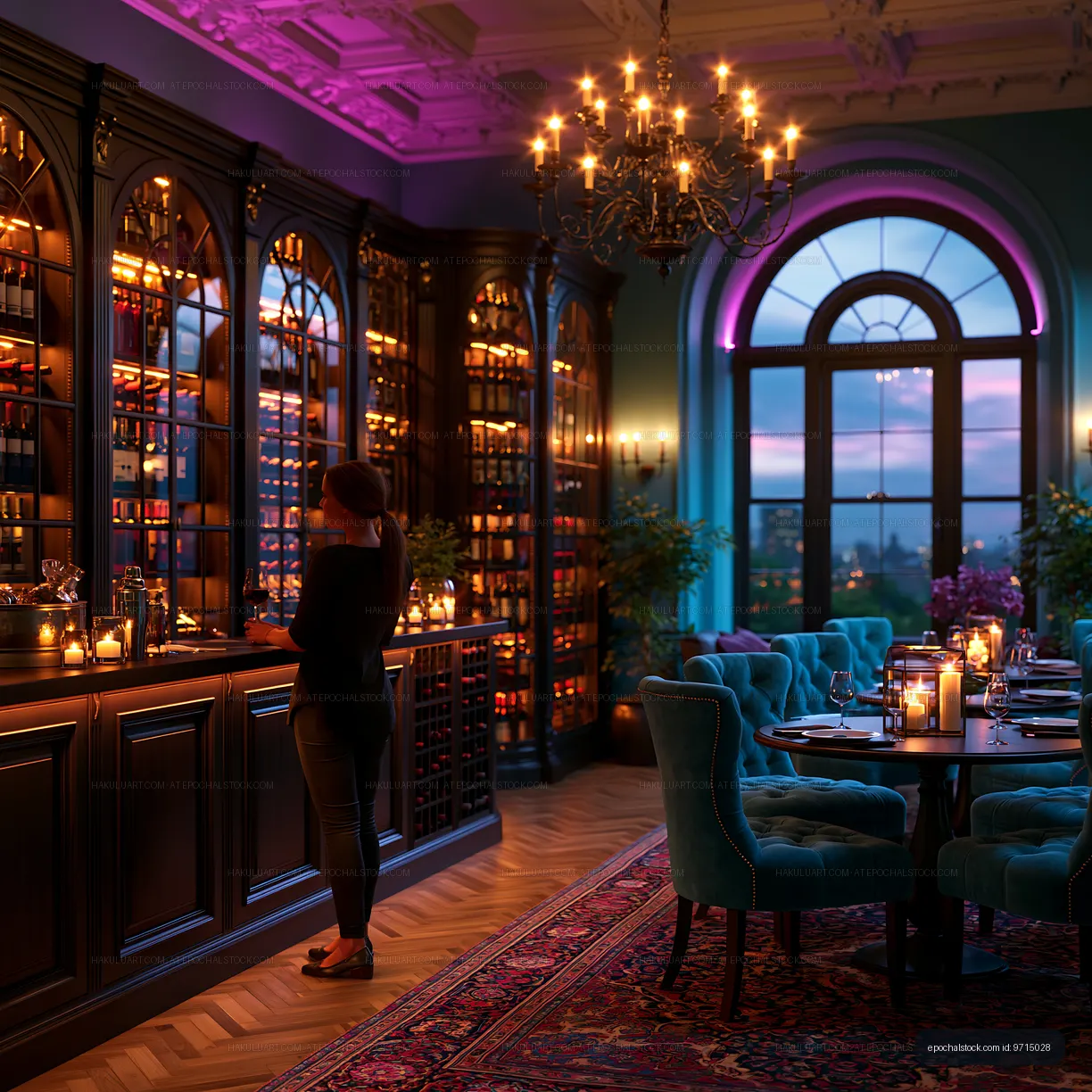 Elegant bar setting with wine shelves in a stylish room