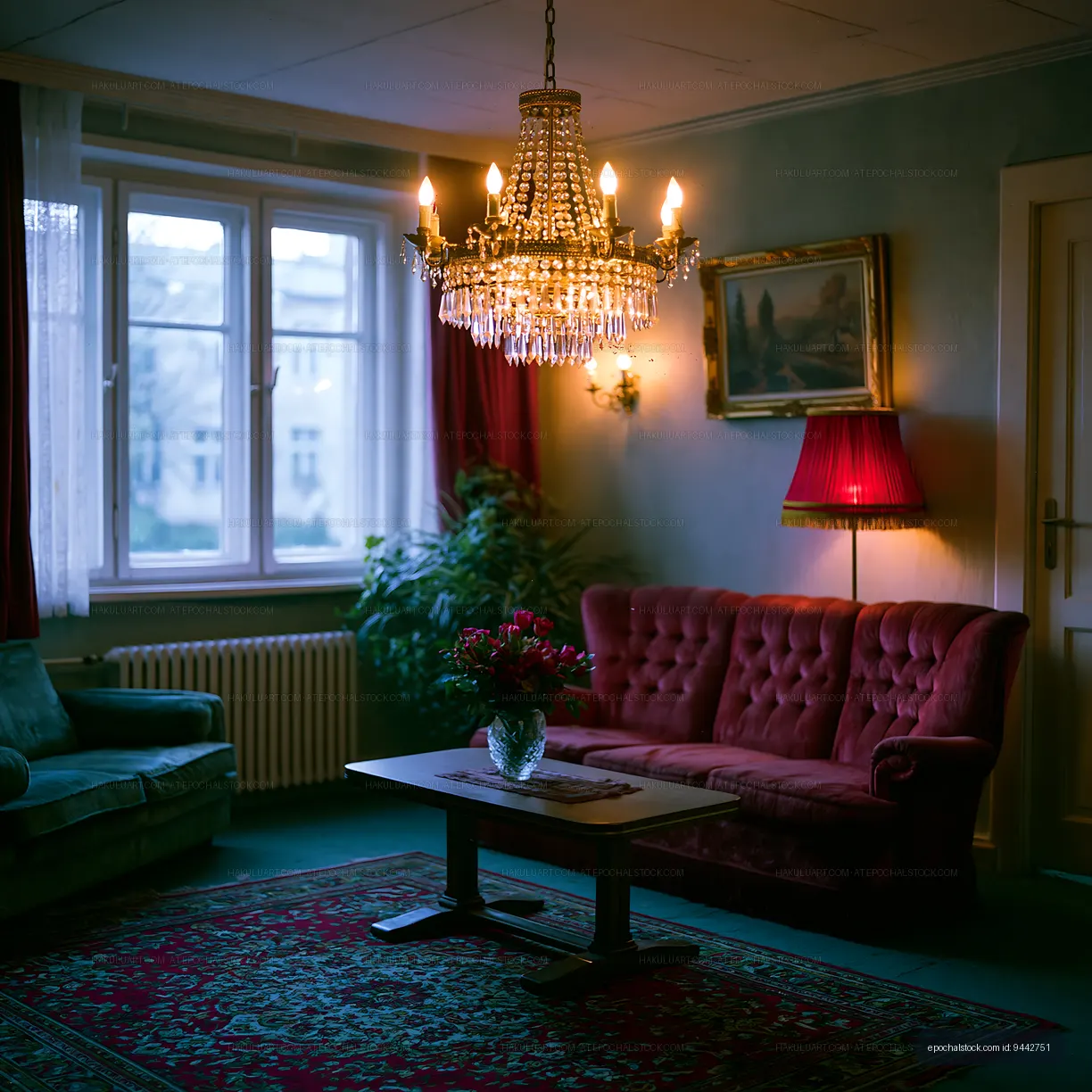 Cozy living room with chandelier and vintage furniture
