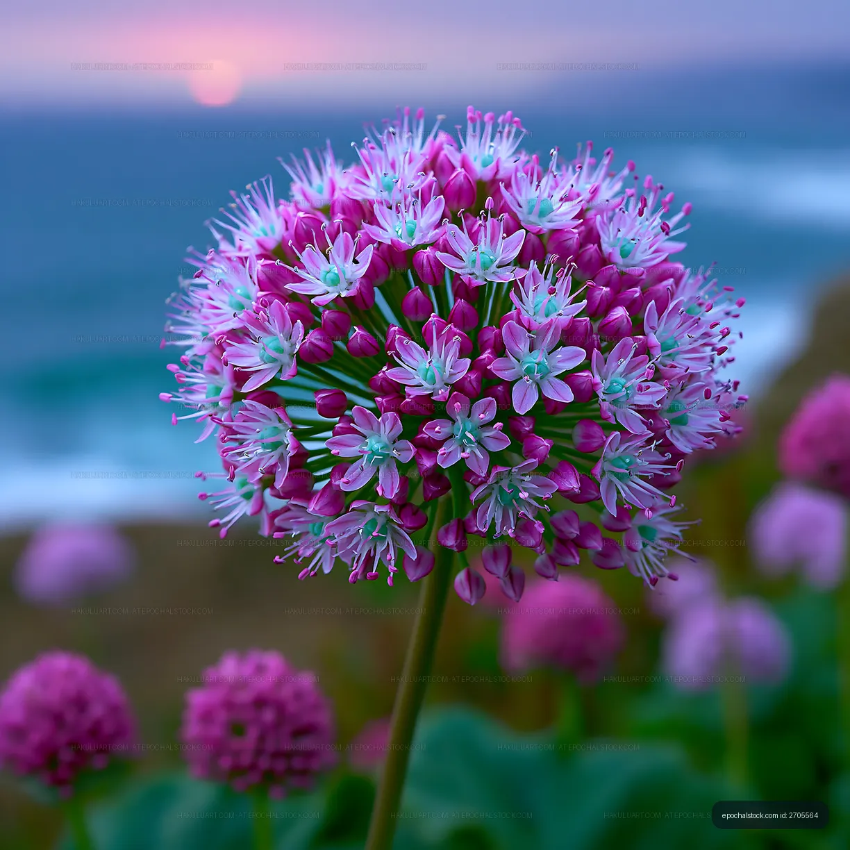 Purple flowers bloom near the ocean during sunset