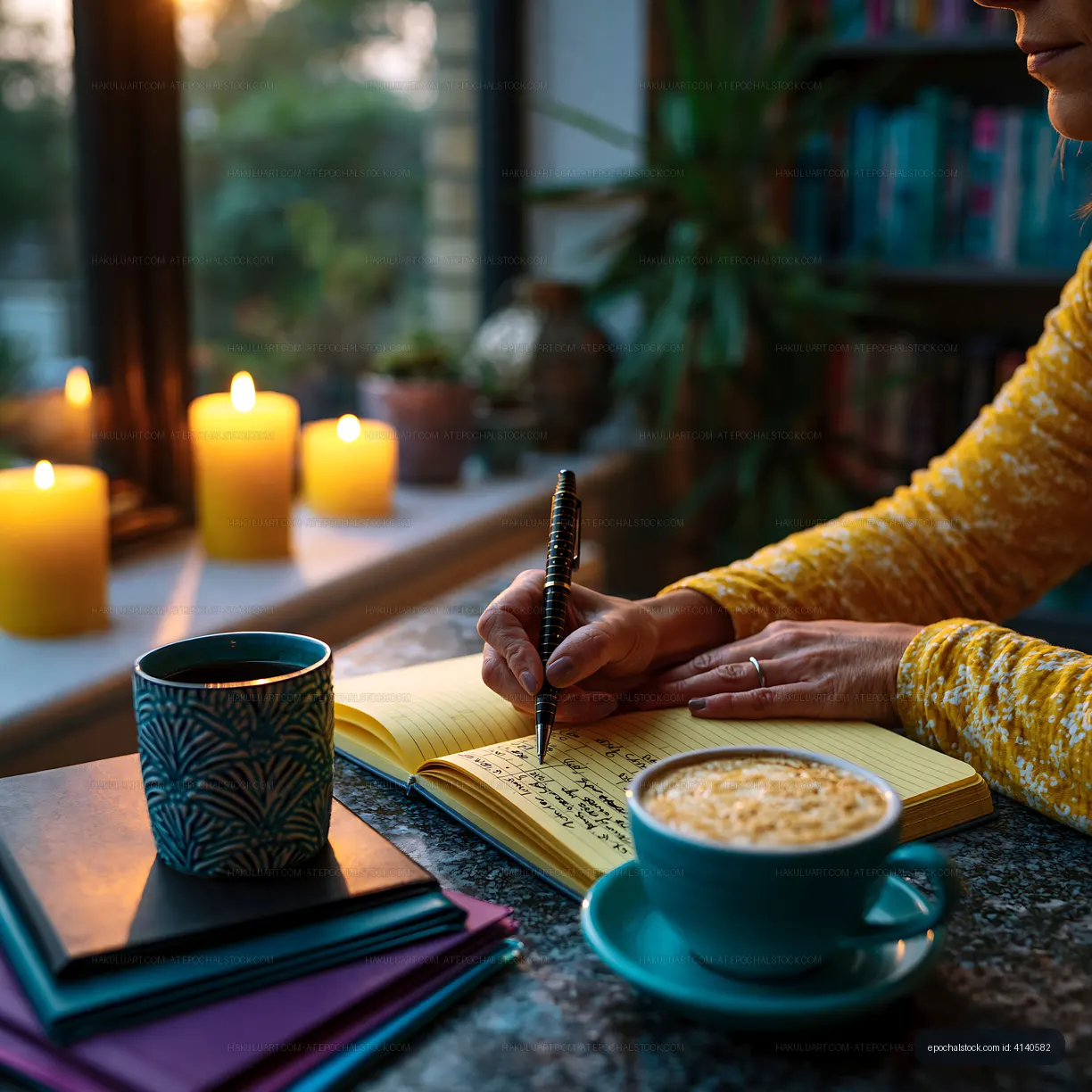 Cozy indoor scene with writing, coffee, and candlelight
