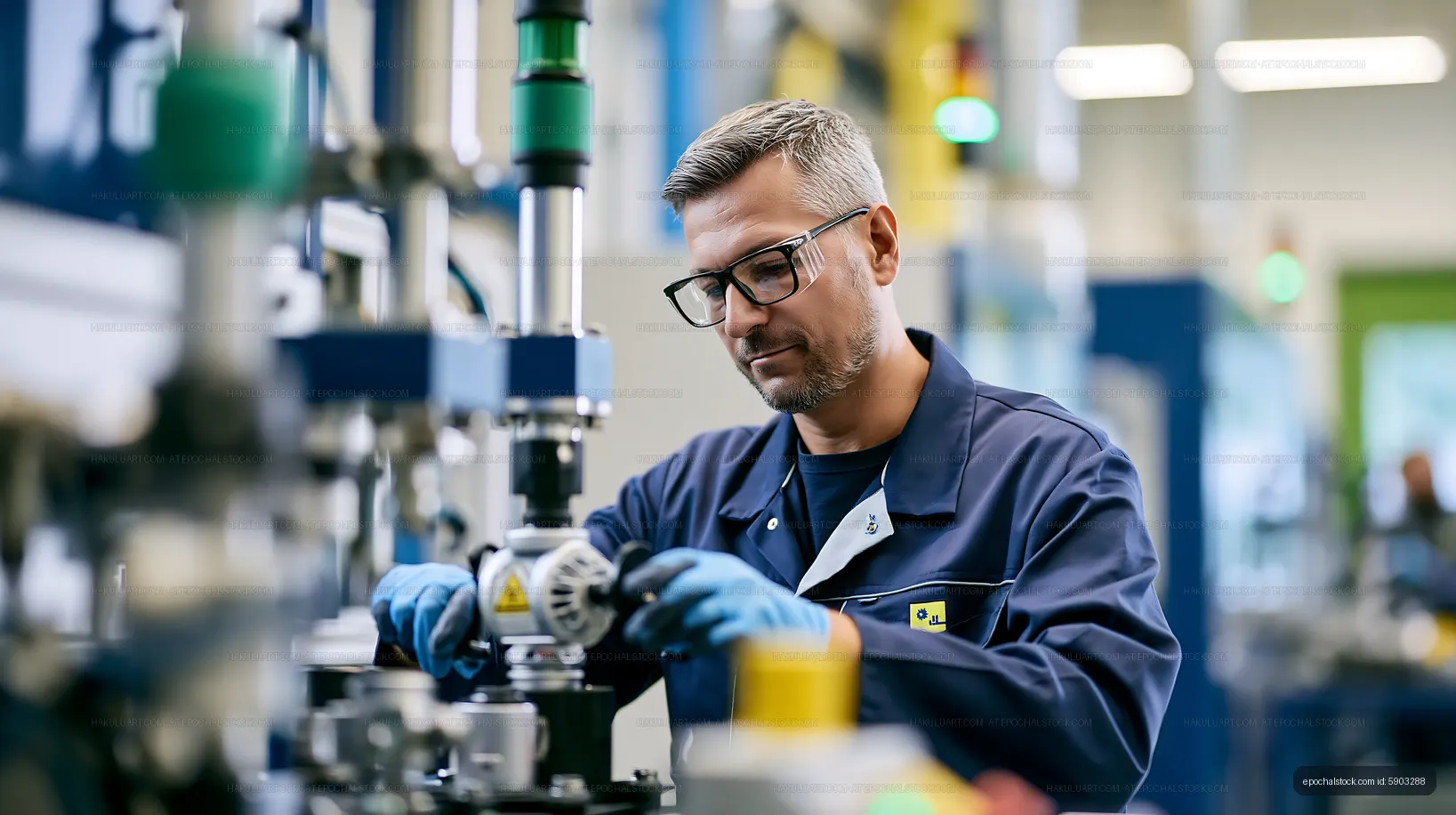 Worker assembling equipment in a factory setting