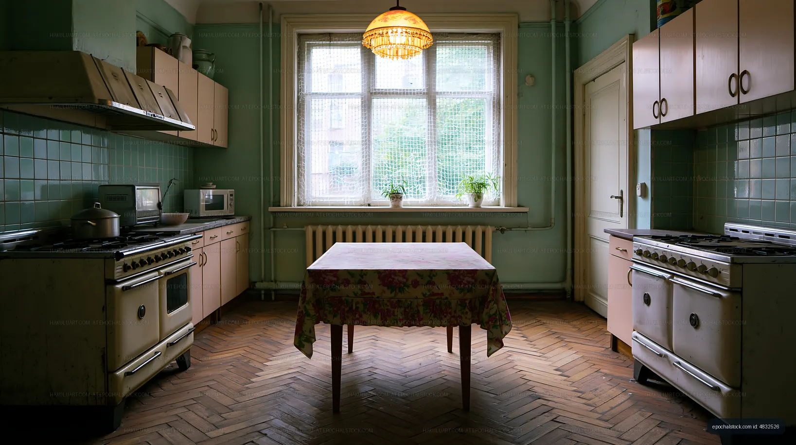 Large kitchen with table and cooking appliances in low light