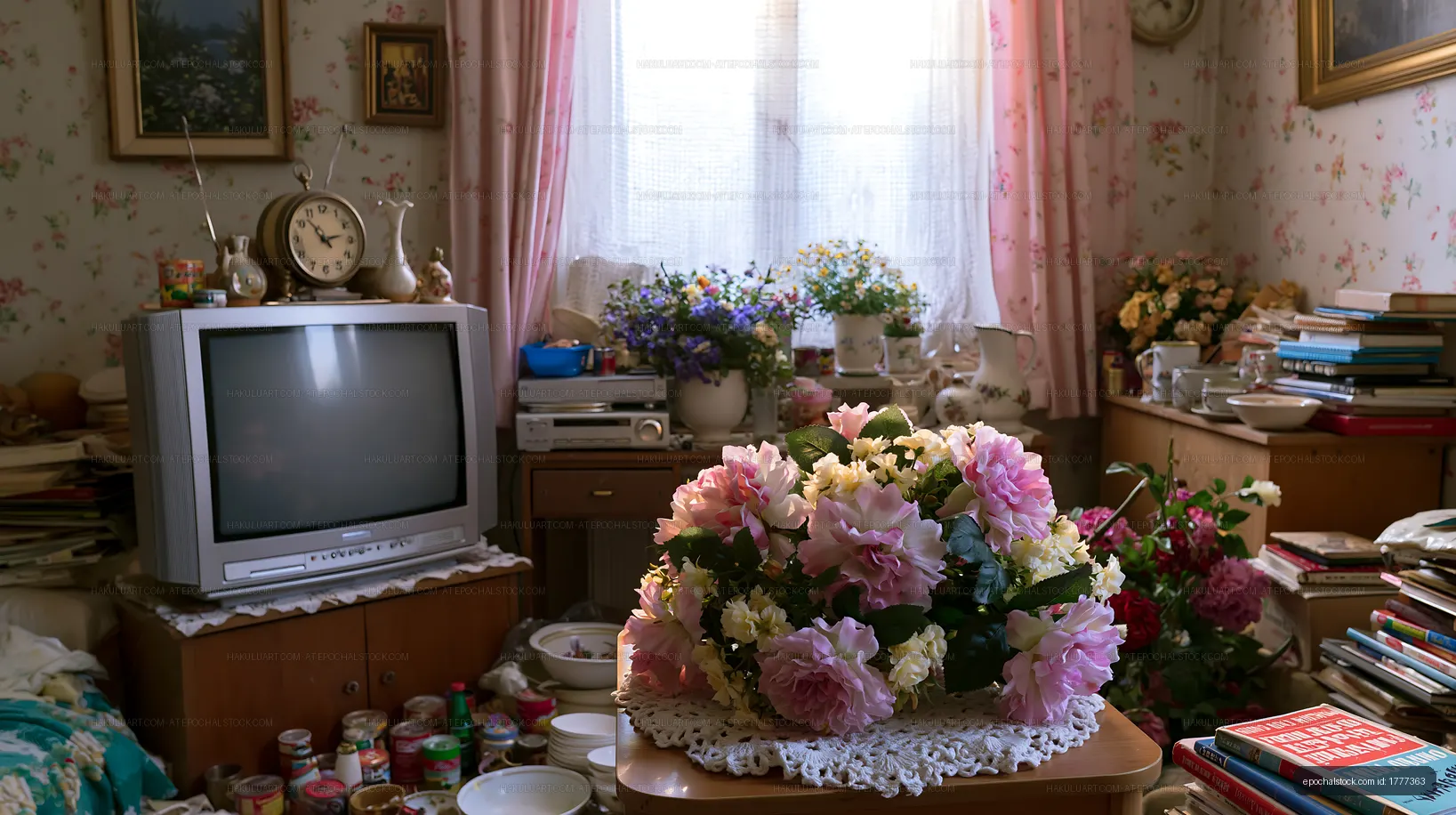 Cozy living room with flowers and vintage items