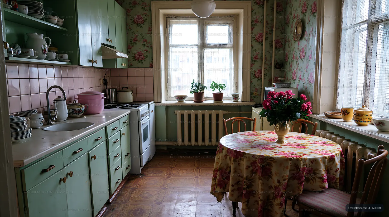 Vintage kitchen with floral wallpaper and wooden table