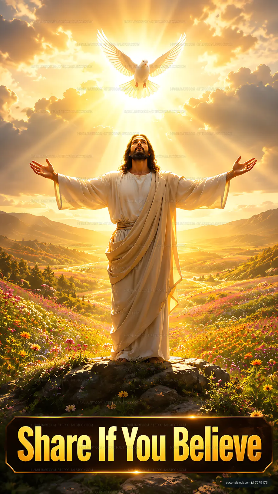 Jesus with outstretched arms and dove in a bright landscape