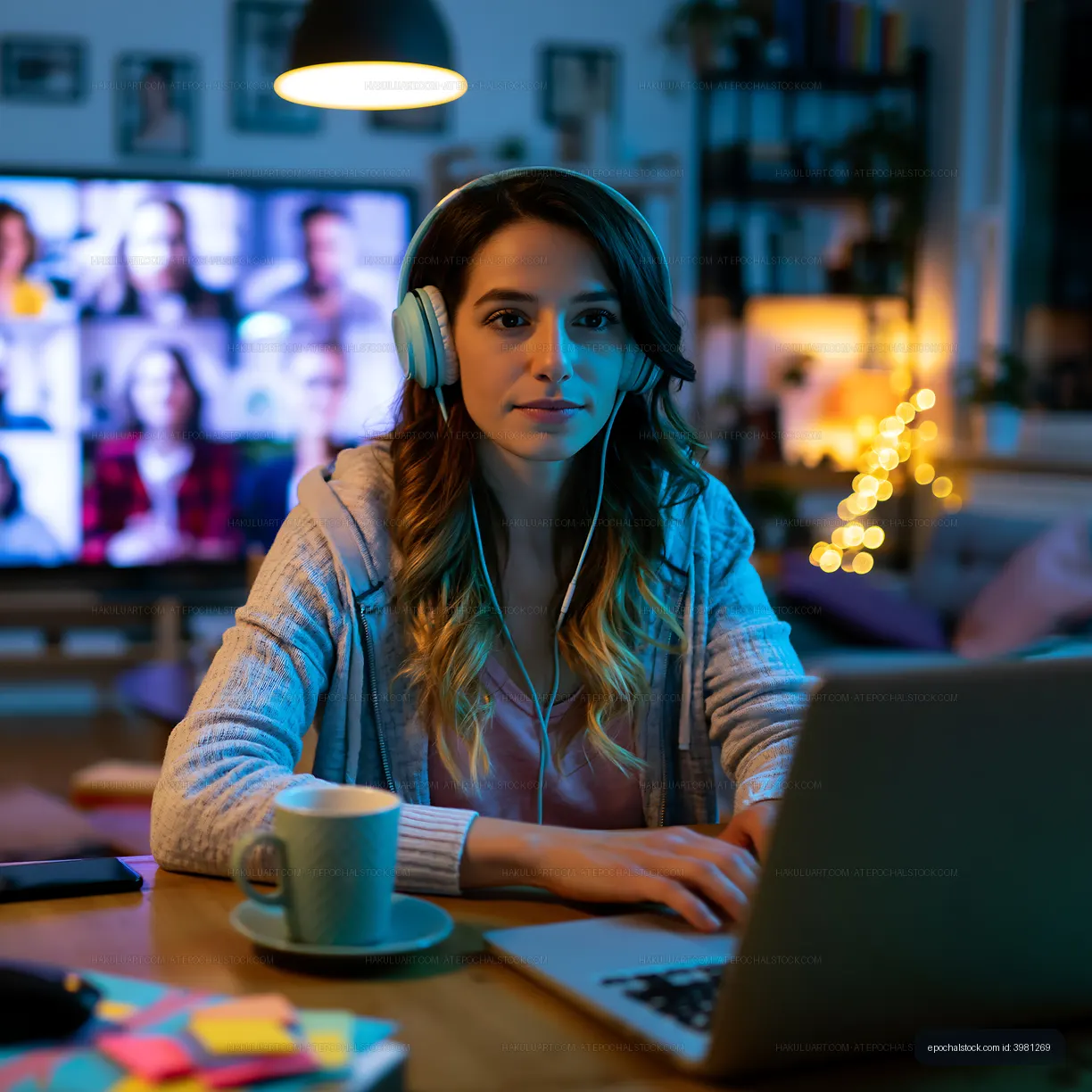 Woman working on laptop during video call at home in the evening