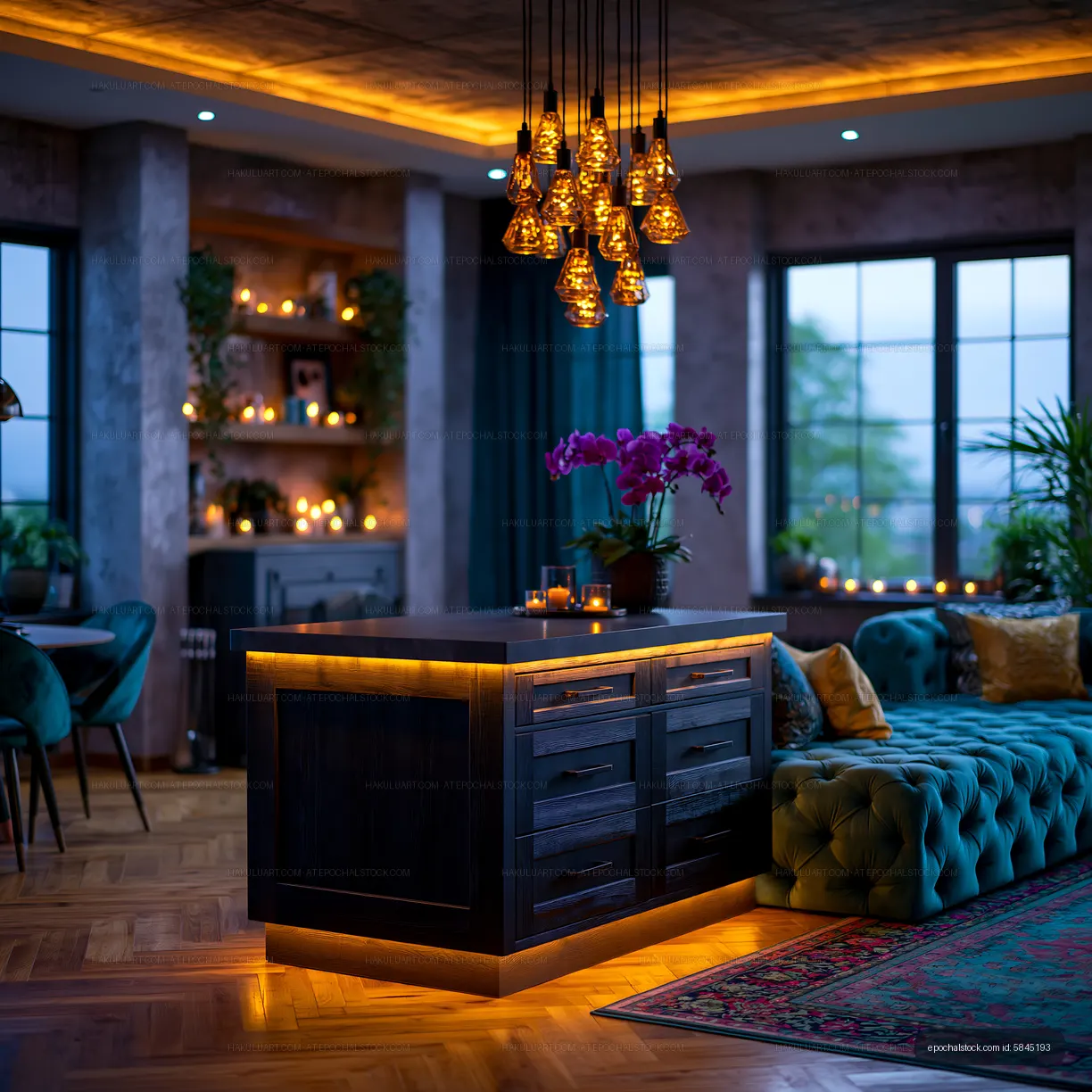 Modern living space with kitchen island and ambient lighting