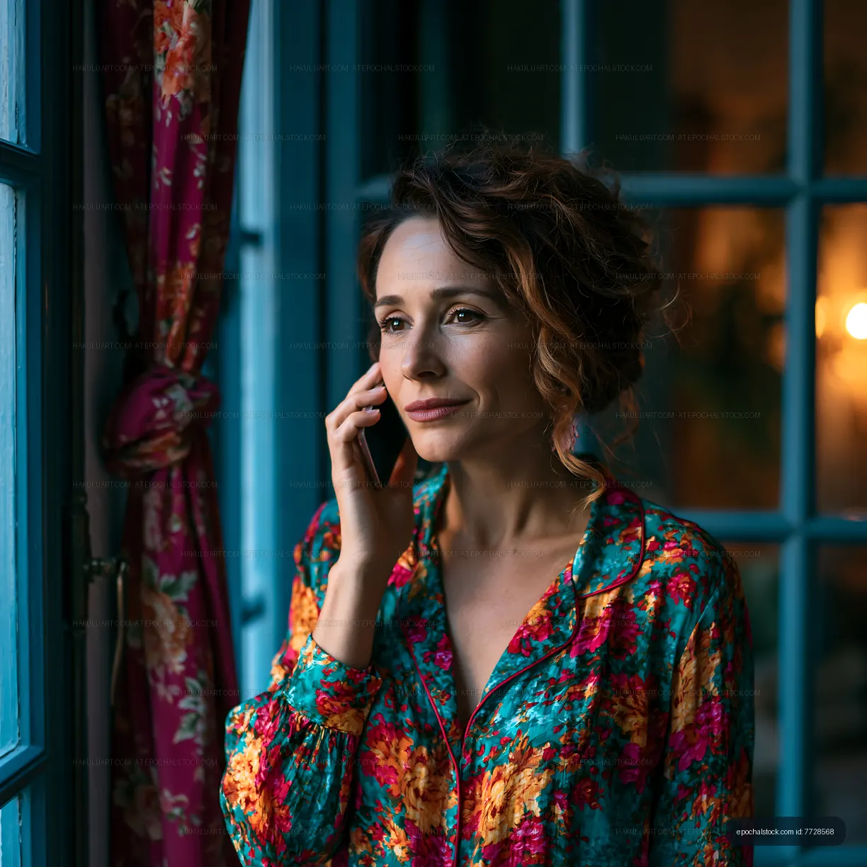 Woman talking on phone near window in evening light