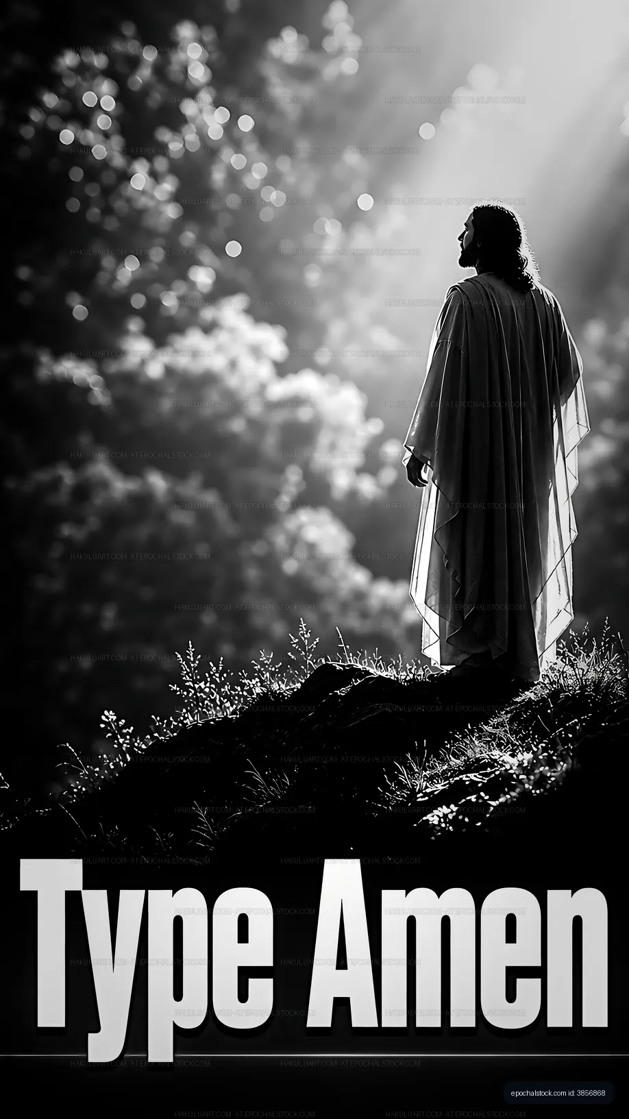 Man in white clothing stands on rock in sunlight
