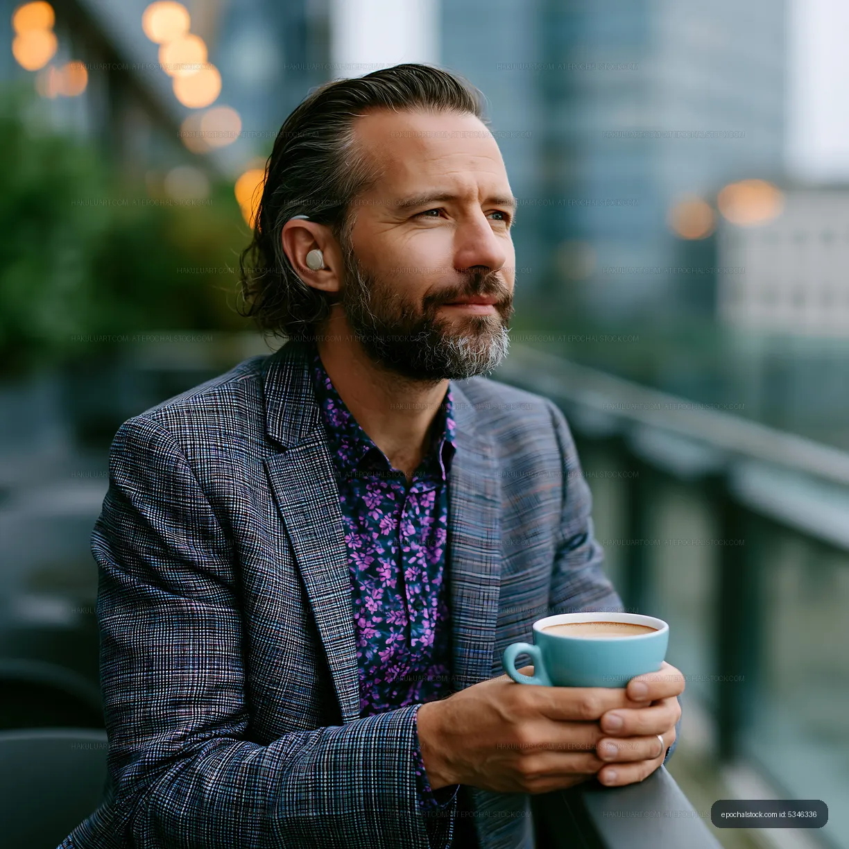 Man holding cup while sitting by glass railing in modern cafe