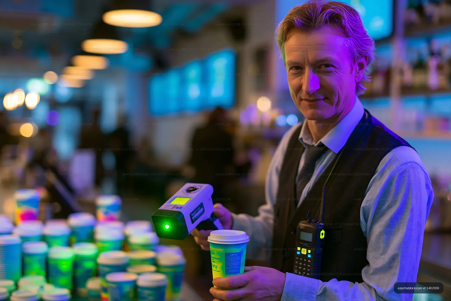 Man holding device at a coffee shop with colorful cups around