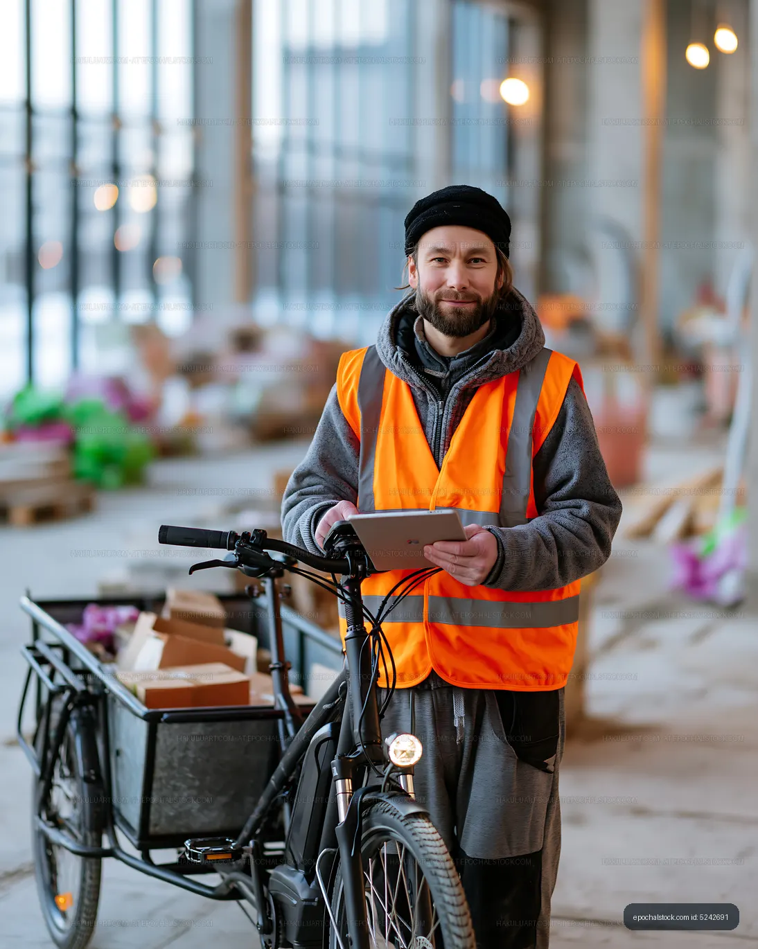 Man standing with bicycle in warehouse during daylight