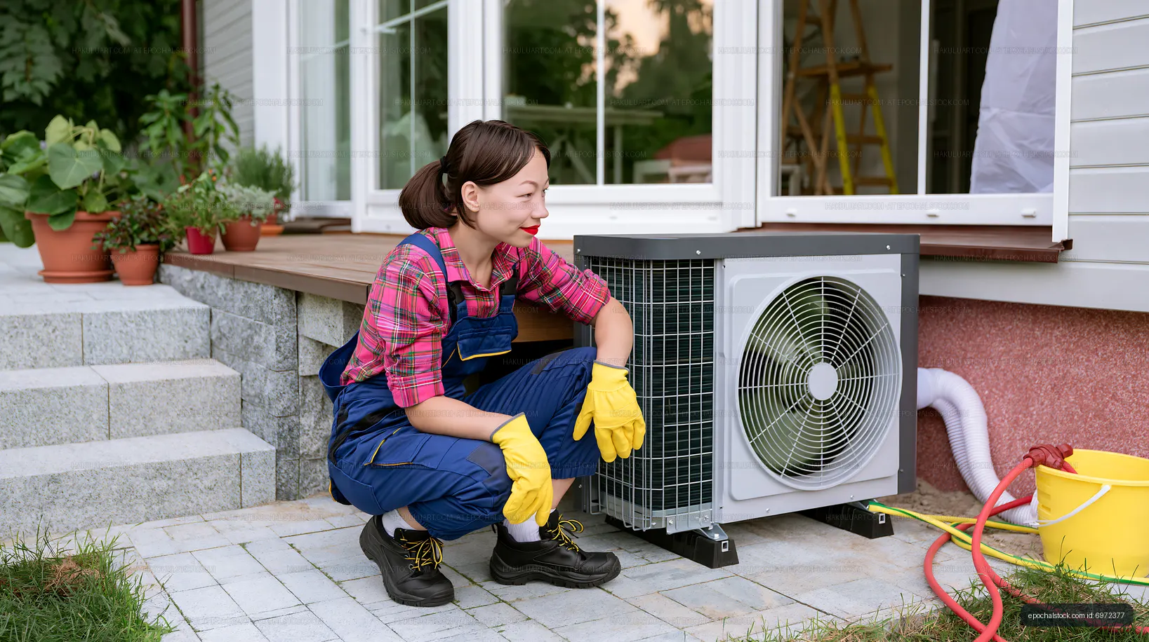 Woman performing maintenance on air conditioning unit outside home
