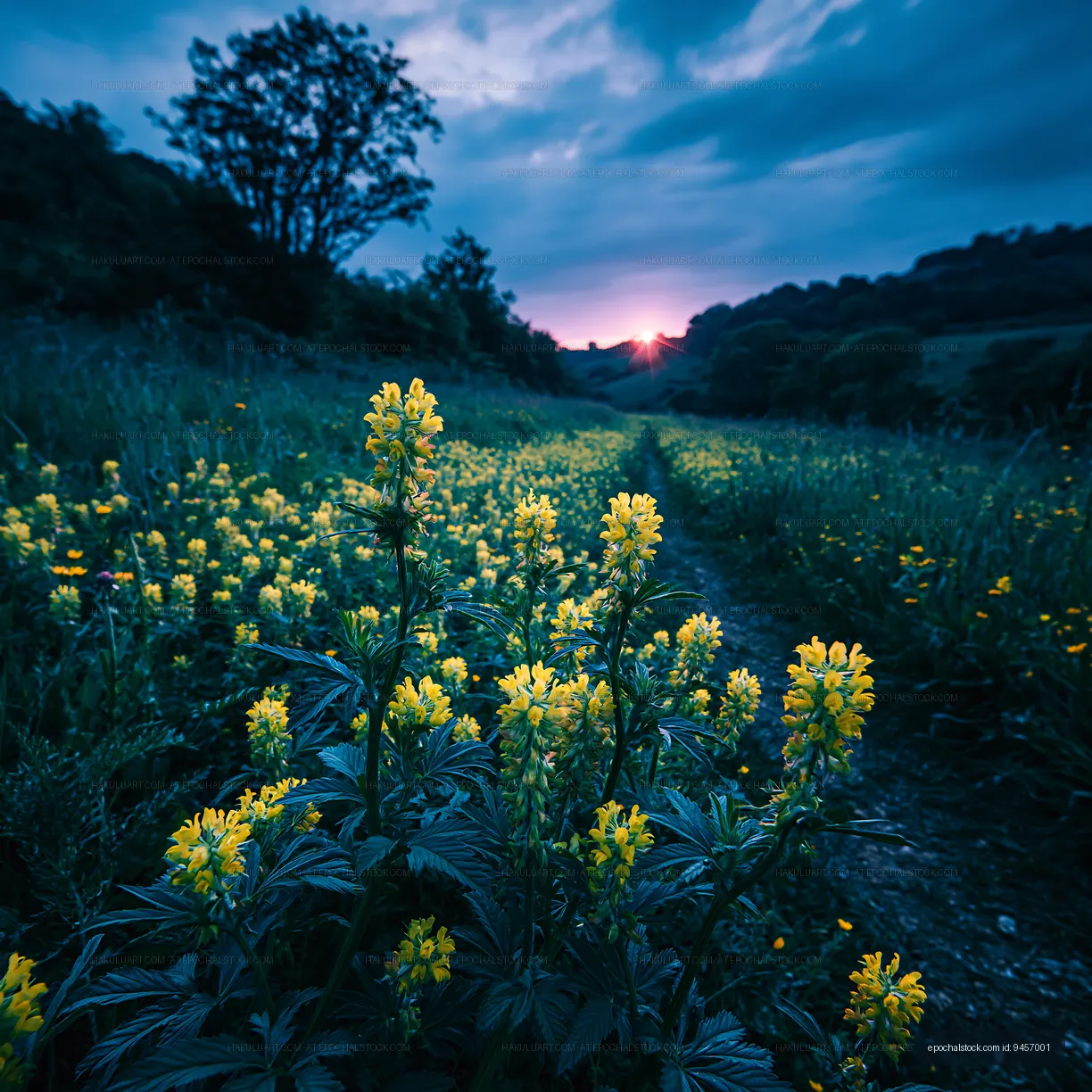 Sunset over a field of yellow flowers in a hilly landscape