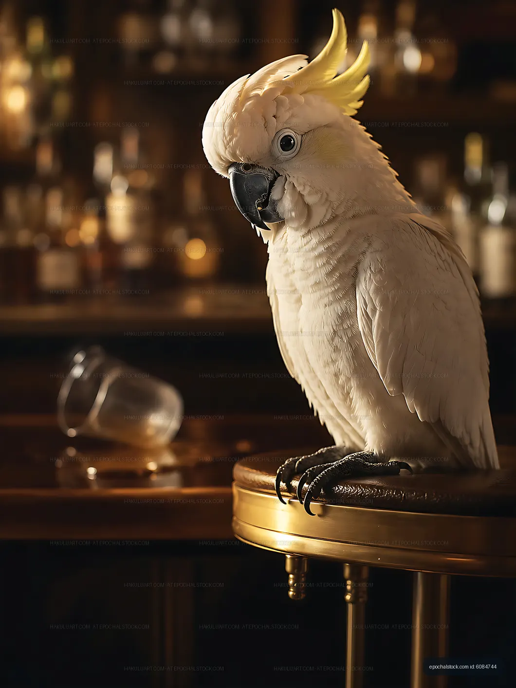 Cockatoo perched on bar counter with bottles in background