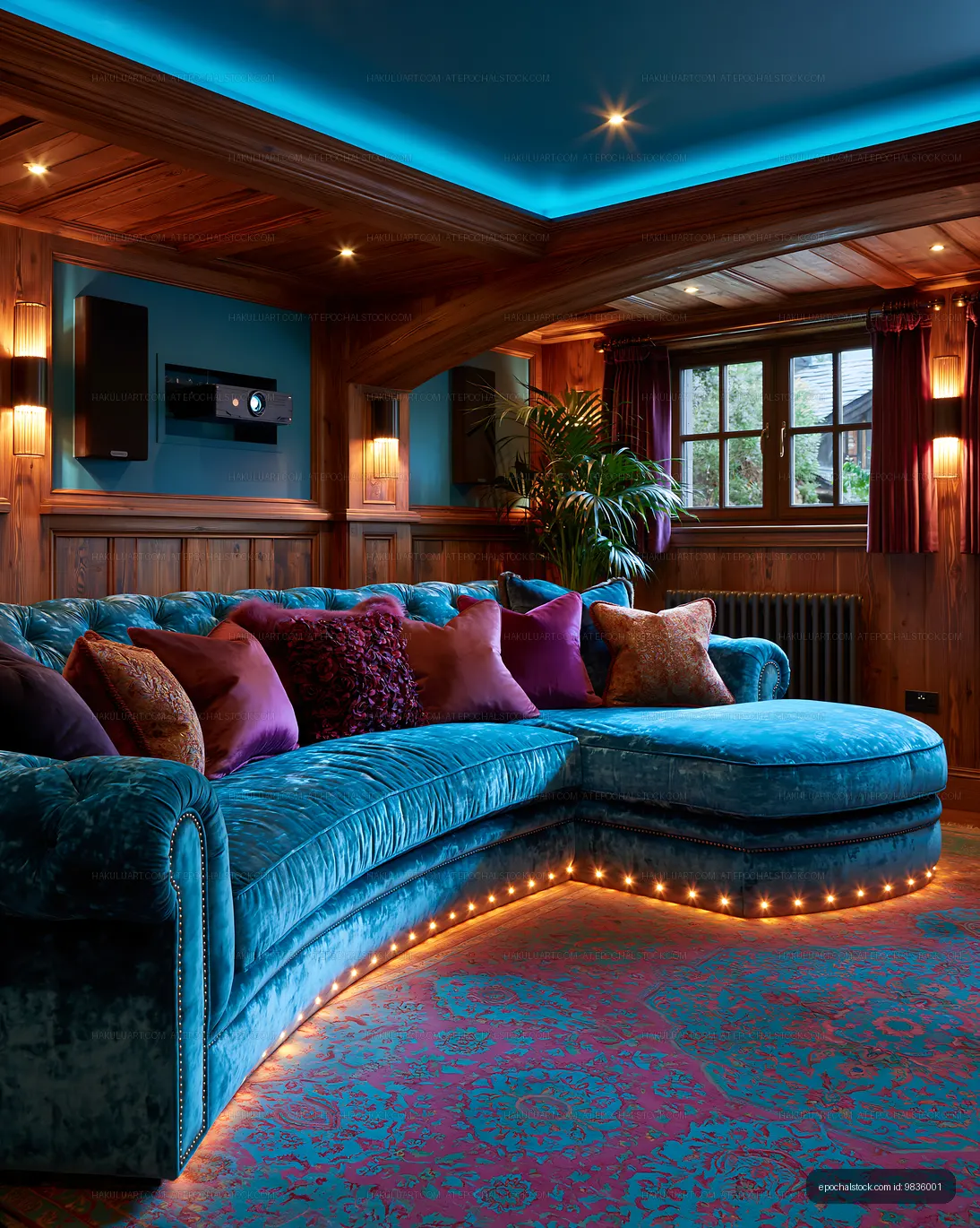 Cozy living room with blue sofa and warm lighting in a wooden setting