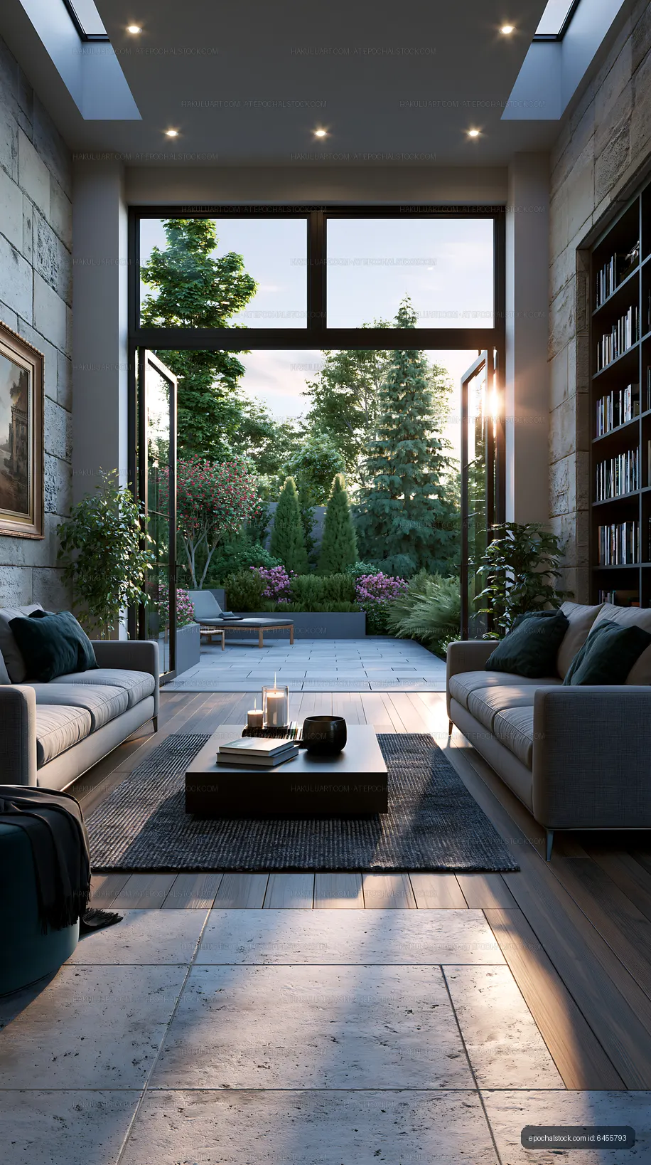 Modern living room overlooking a garden at sunset