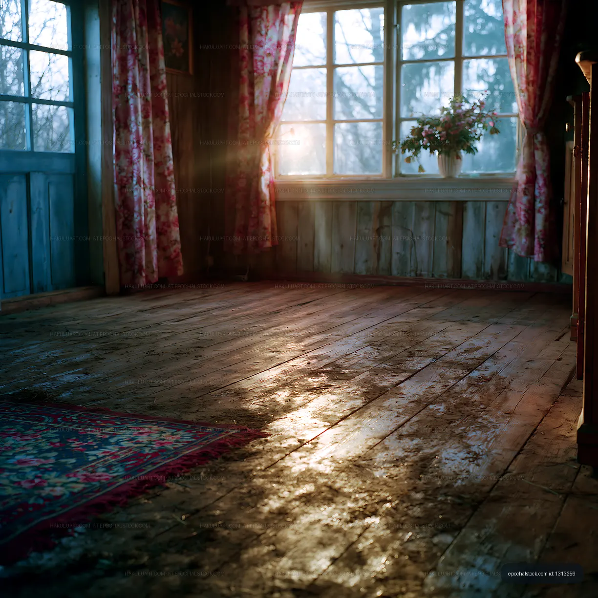 Light shining through a window in a rustic wooden room
