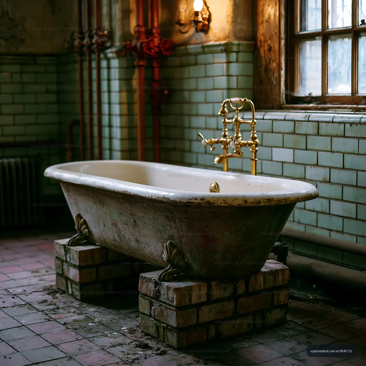 Old bathtub in an abandoned room with green tiles and natural light