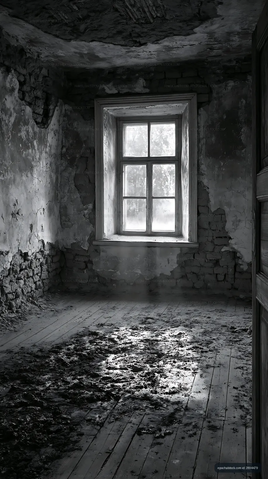 Abandoned room with cracked walls and sunlight streaming through