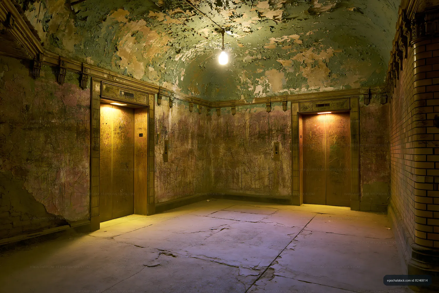 Old elevator lobby with worn walls and dim lighting