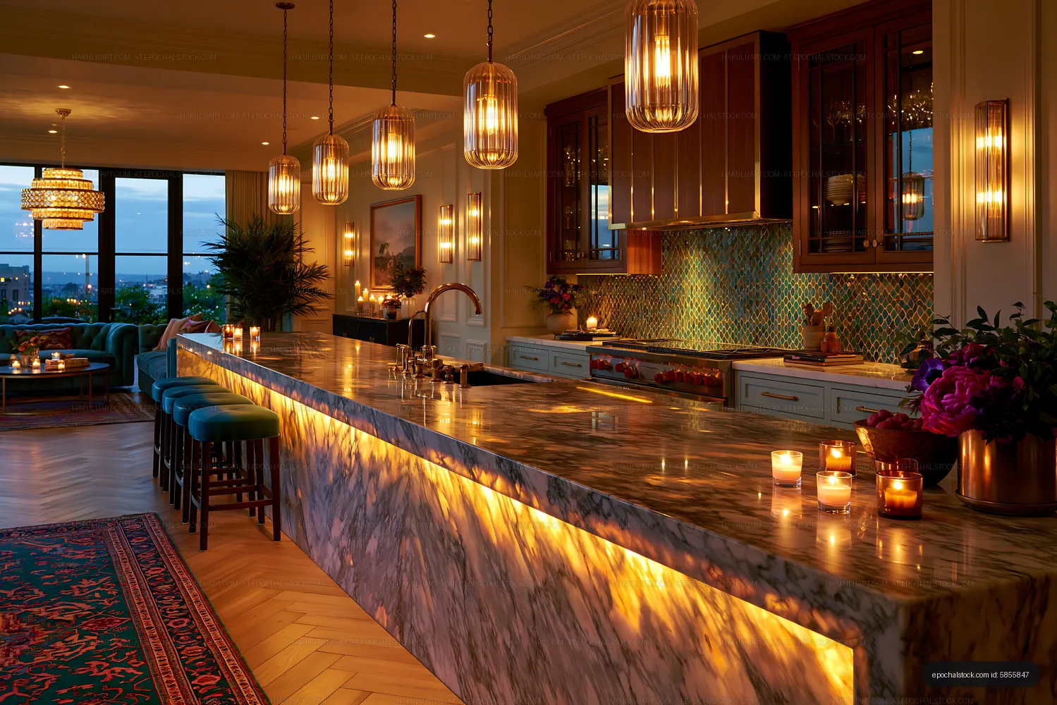 Elegant kitchen with marble countertop and ambient lighting
