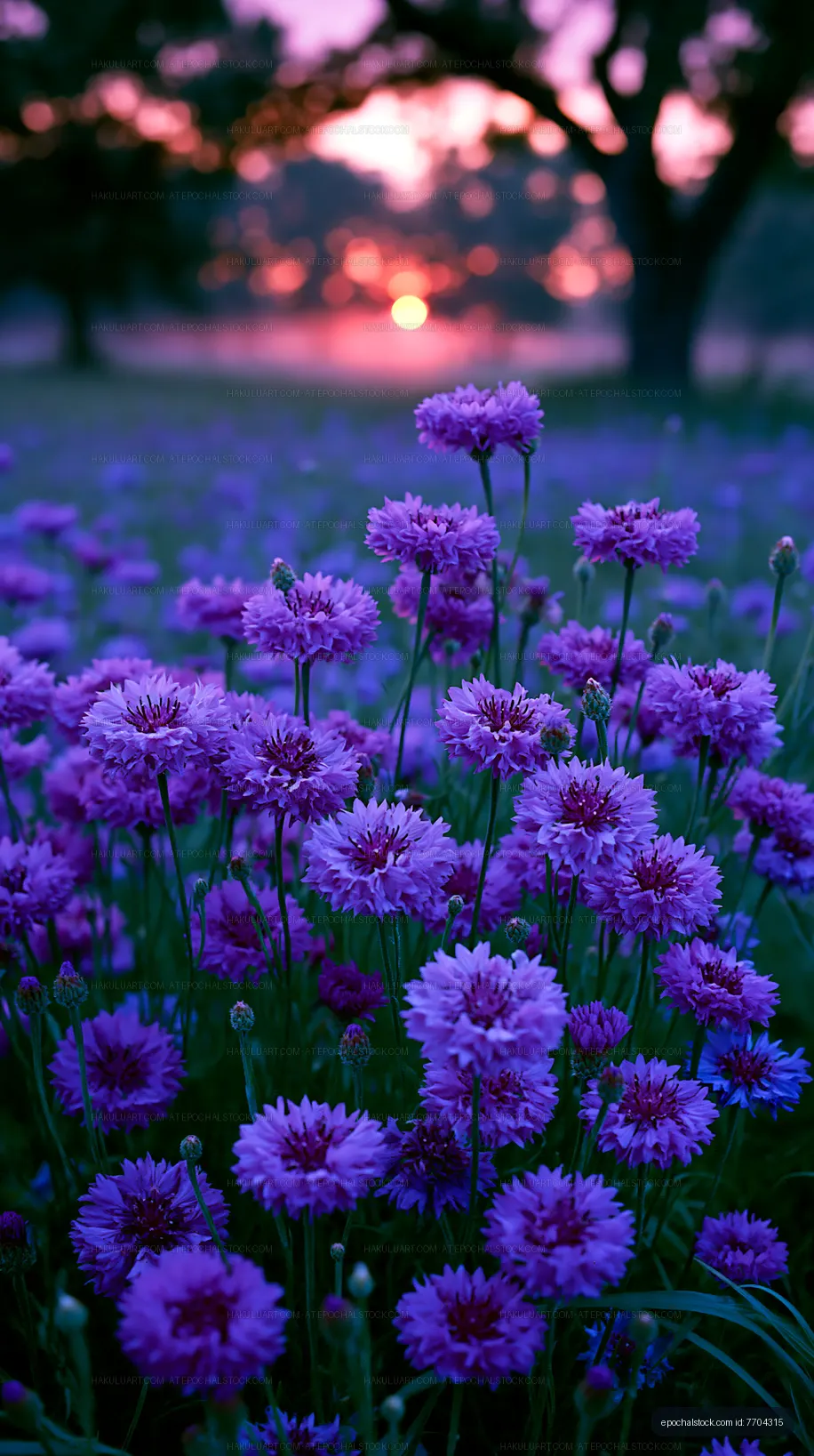 Purple flowers blooming at sunset in a natural field