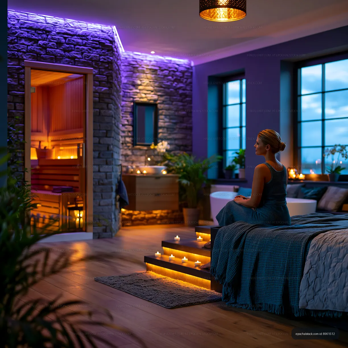 Cozy evening in a modern bedroom with candles and ambient lighting