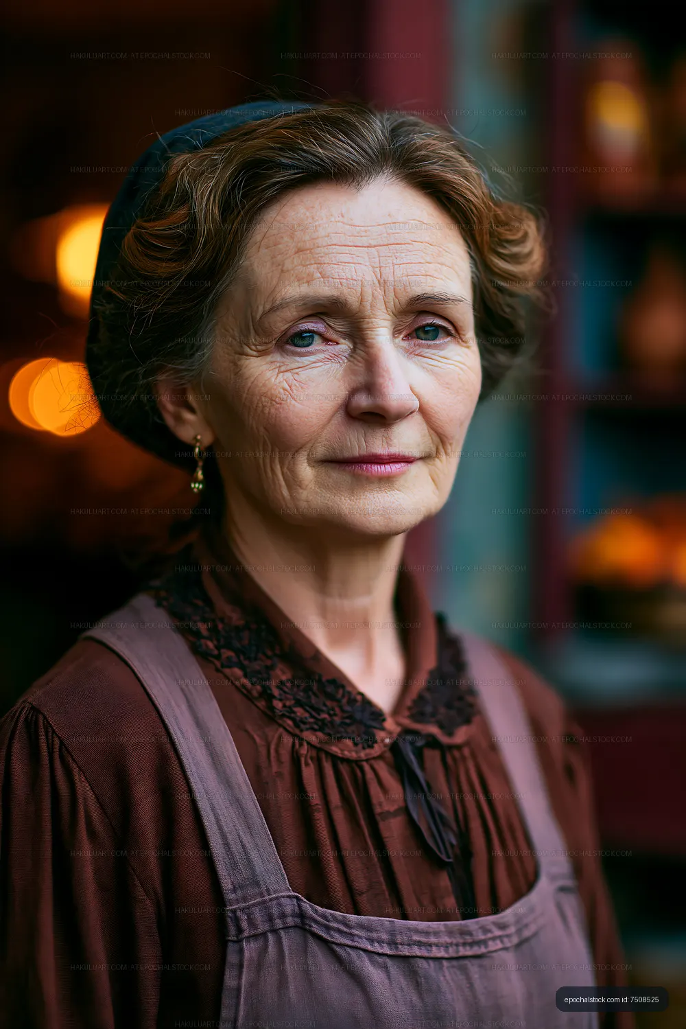 Elderly woman dressed in vintage clothes stands in a market setting
