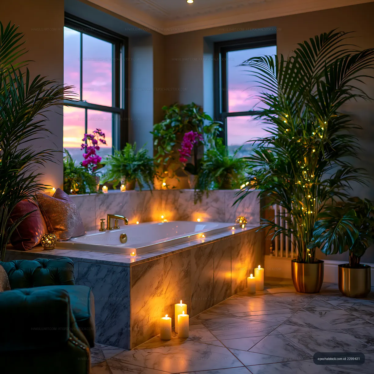 Relaxing bathroom with candles and plants at sunset