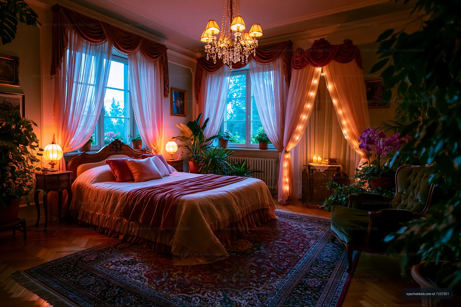 Cozy bedroom with warm lighting and plants in a vintage setting