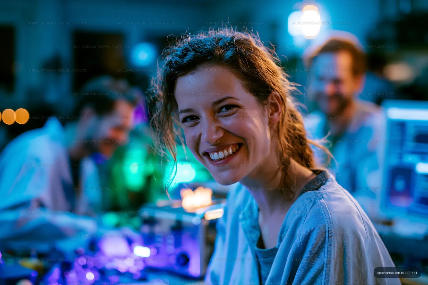 Happy engineer working in a lab with colleagues