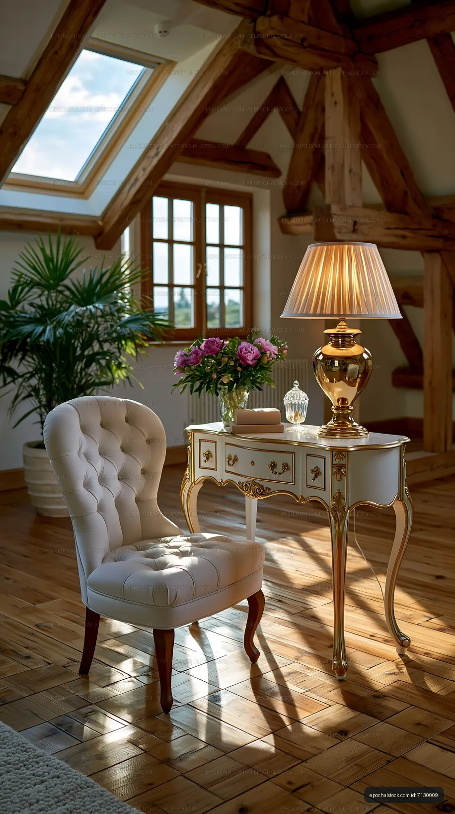 Stylish interior with a chair, table, and lamp near a window
