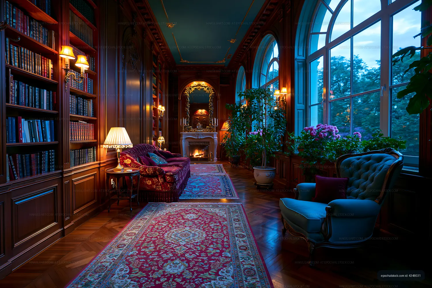 Cozy library with warm lighting and elegant furnishings