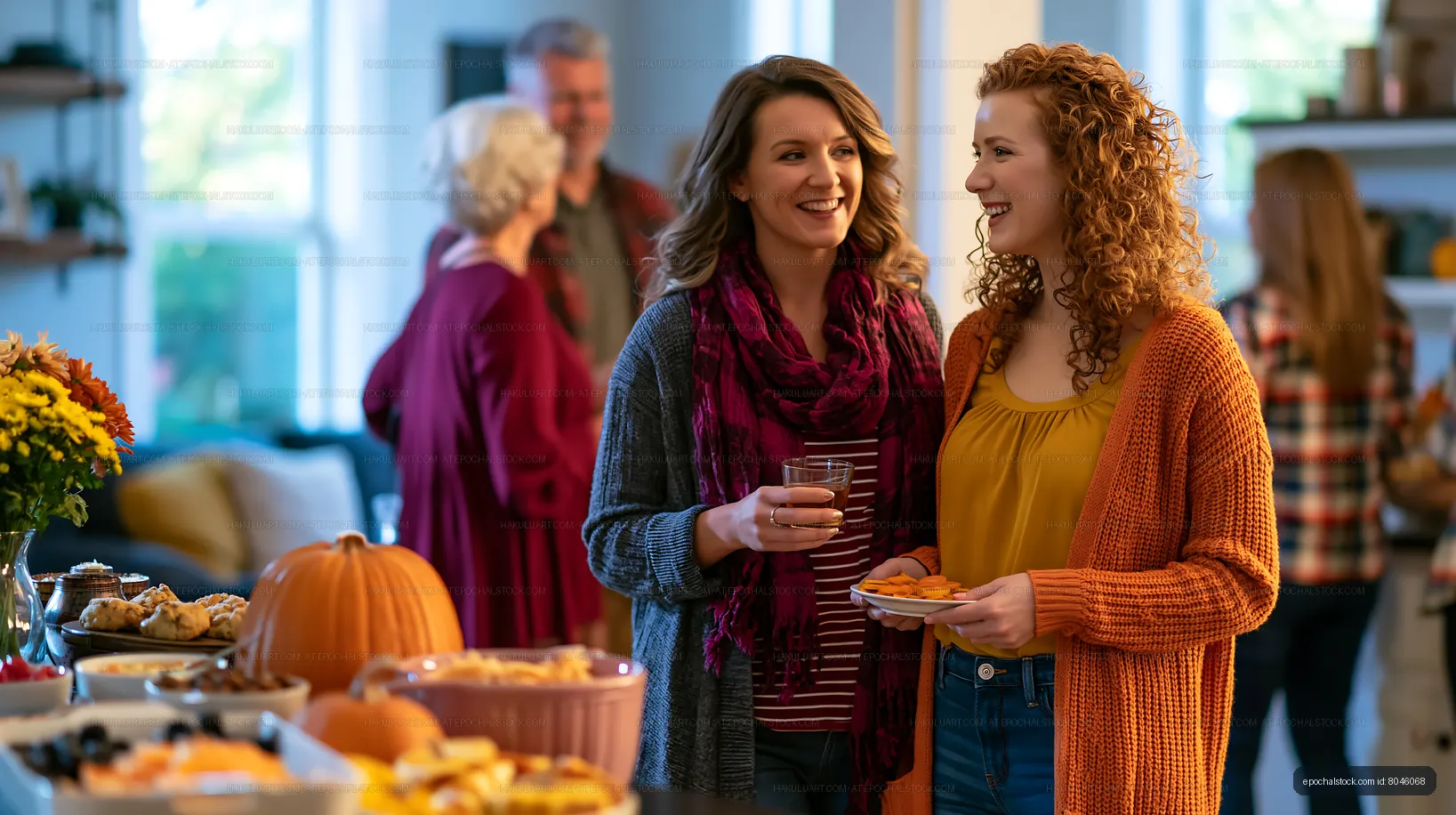 Two women talking at a gathering with food and drinks