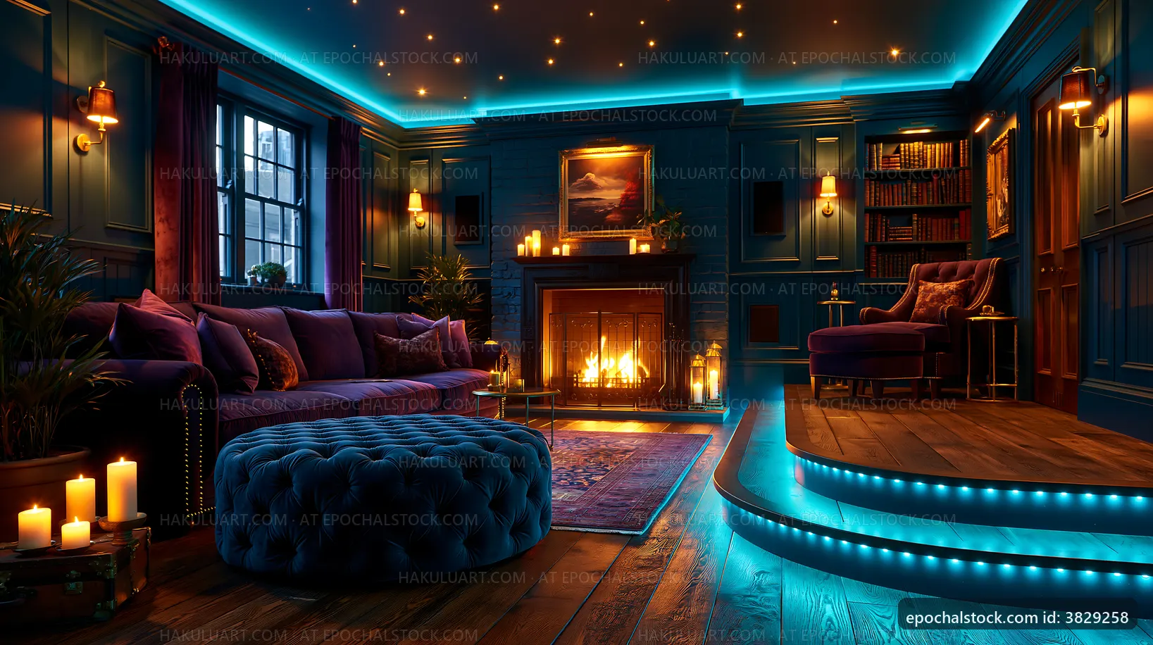 Cozy living room with blue lighting and a fireplace