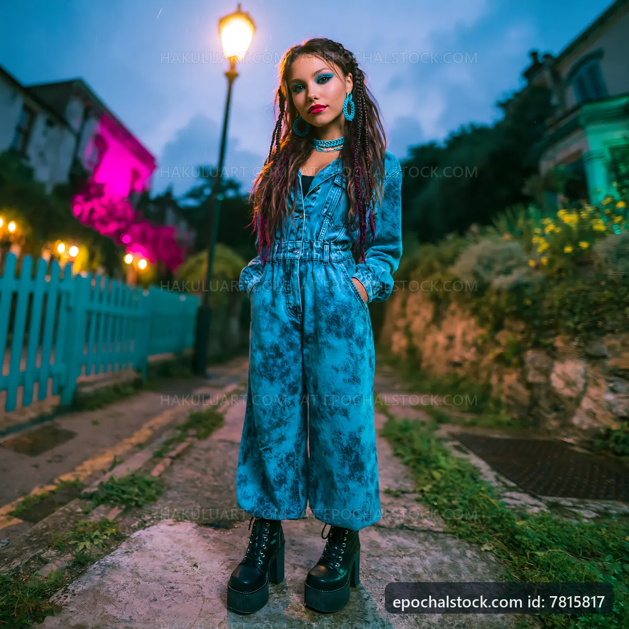 Young woman with dreadlocks standing on a city street at dusk