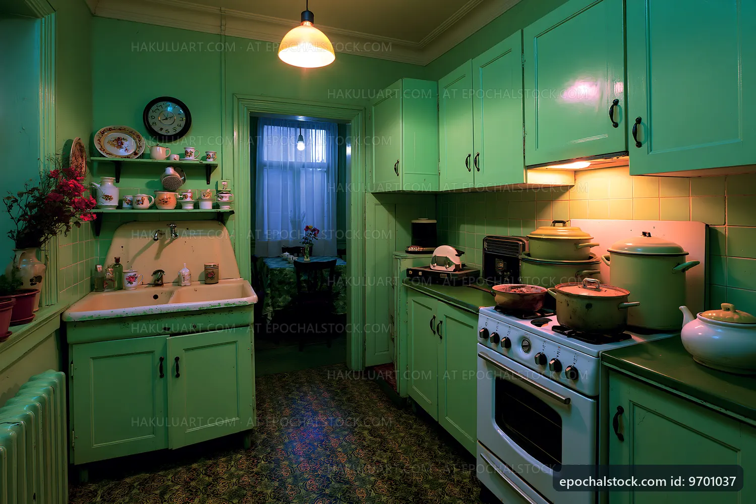 Vintage green kitchen interior with cookware and decor