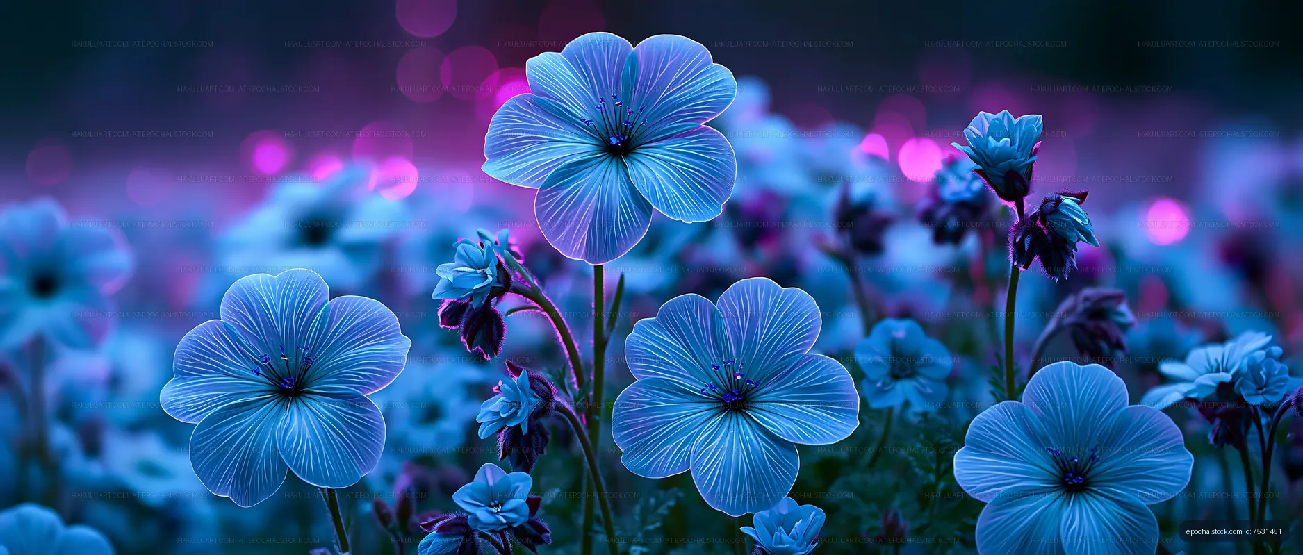 Close-up view of blue flowers in a garden at dusk