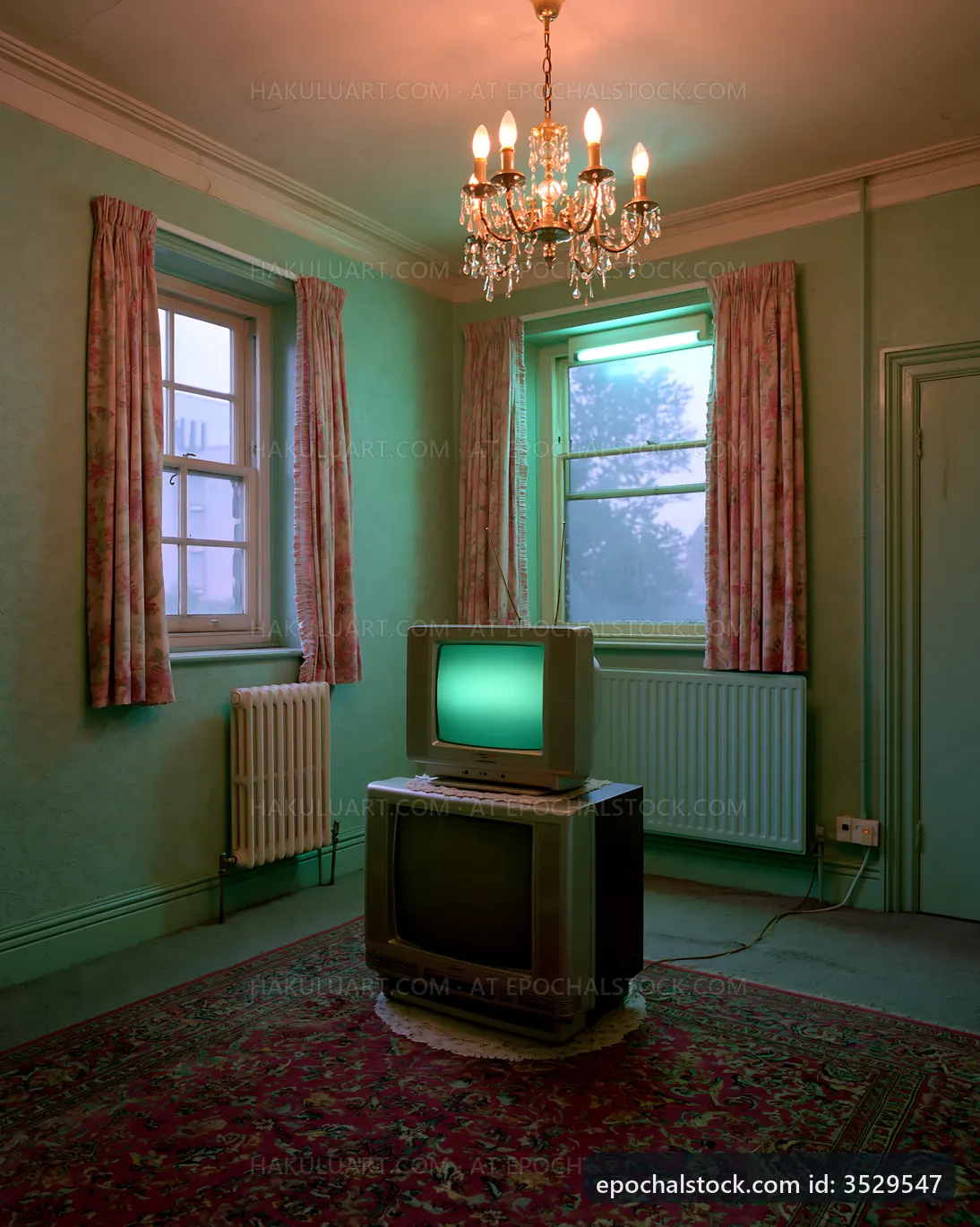Old television set in a vintage room with green lighting