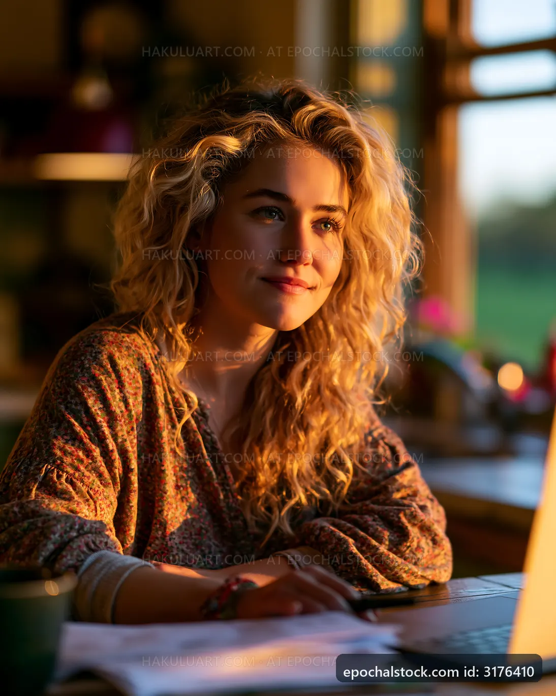 Woman with curly hair working on laptop in a sunlit room