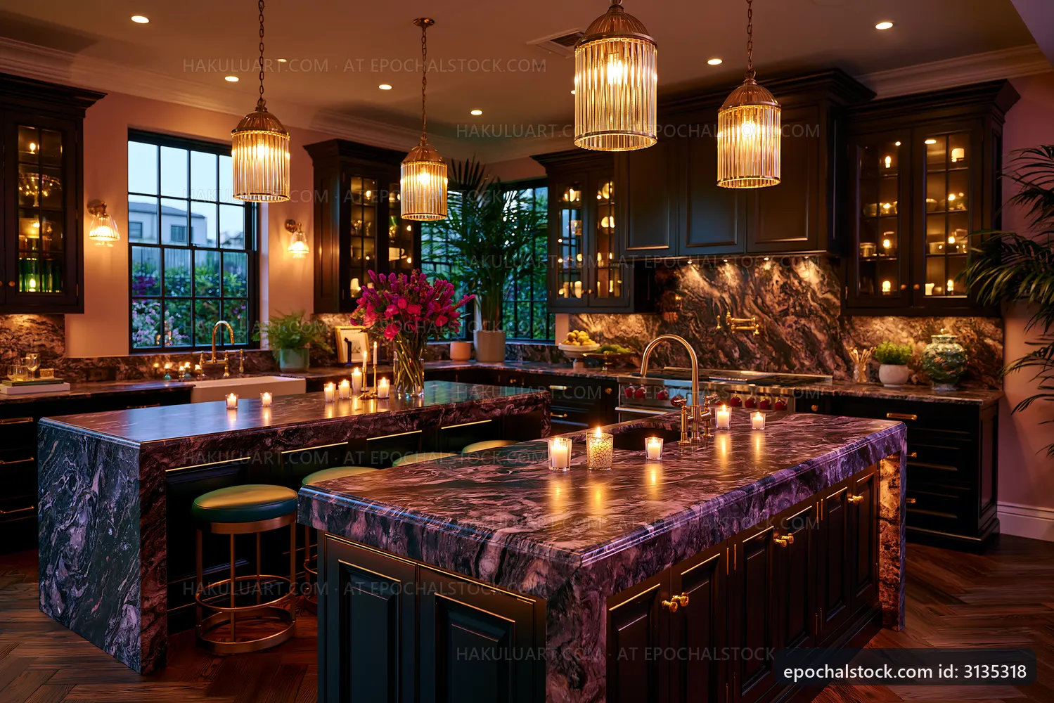 Elegant kitchen with dark cabinets and marble countertops